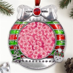 Cute Pink Sakura Flower Pattern Metal X mas Ribbon With Red Crystal Round Ornament by Pakjumat