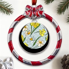 Narcissus Floral Botanical Flowers Metal Red Ribbon Round Ornament by Pakjumat