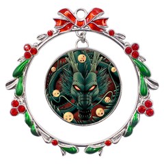 Dragon Art Metal X mas Wreath Ribbon Ornament by Pakjumat