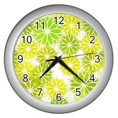 Flowers Green Texture With Pattern Leaves Shape Seamless Wall Clock (silver) by Pakjumat