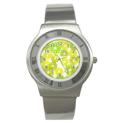 Flowers Green Texture With Pattern Leaves Shape Seamless Stainless Steel Watch by Pakjumat