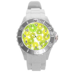 Flowers Green Texture With Pattern Leaves Shape Seamless Round Plastic Sport Watch (l) by Pakjumat