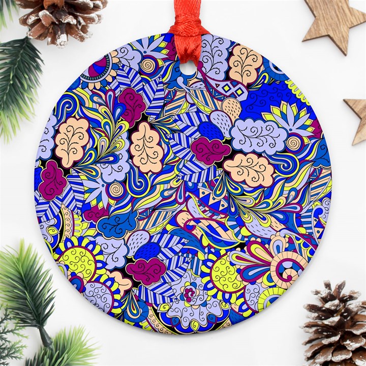 Blue Yellow Background Pattern Vector Texture Paisley Ornament (Round)