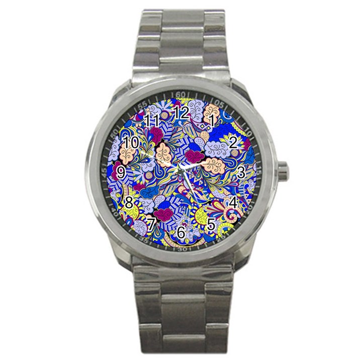 Blue Yellow Background Pattern Vector Texture Paisley Sport Metal Watch