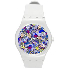 Blue Yellow Background Pattern Vector Texture Paisley Round Plastic Sport Watch (m) by Pakjumat