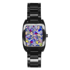 Blue Yellow Background Pattern Vector Texture Paisley Stainless Steel Barrel Watch by Pakjumat