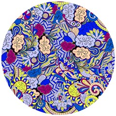 Blue Yellow Background Pattern Vector Texture Paisley Wooden Puzzle Round by Pakjumat