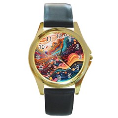 Pattern Abstract Round Gold Metal Watch