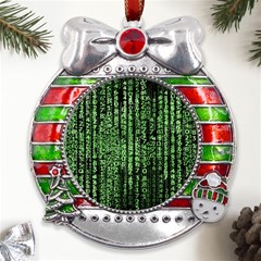 Matrix Technology Tech Data Digital Network Metal X mas Ribbon With Red Crystal Round Ornament by Pakjumat