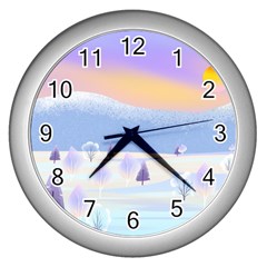 Vector Winter Landscape Sunset Evening Snow Wall Clock (silver)