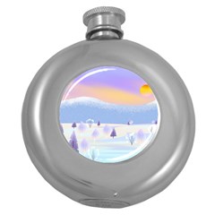 Vector Winter Landscape Sunset Evening Snow Round Hip Flask (5 Oz) by Pakjumat