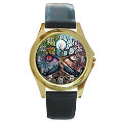 Tree Colourful Round Gold Metal Watch by Pakjumat