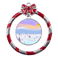 Vector Winter Landscape Sunset Evening Snow Metal Red Ribbon Round Ornament