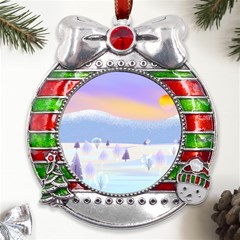 Vector Winter Landscape Sunset Evening Snow Metal X mas Ribbon With Red Crystal Round Ornament