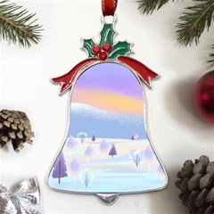 Vector Winter Landscape Sunset Evening Snow Metal Holly Leaf Bell Ornament