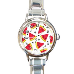 Cute Smiling Watermelon Seamless Pattern White Background Round Italian Charm Watch by Pakjumat