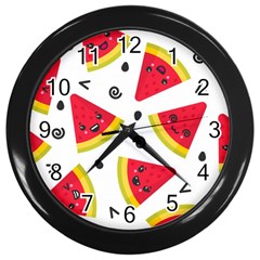 Cute Smiling Watermelon Seamless Pattern White Background Wall Clock (black) by Pakjumat