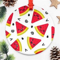 Cute Smiling Watermelon Seamless Pattern White Background Round Ornament (two Sides)