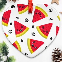 Cute Smiling Watermelon Seamless Pattern White Background Heart Ornament (two Sides)