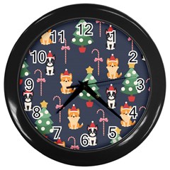 Boston Terrier Welsh Corgi Puppies Seamless Pattern Wallpaper Wall Clock (black) by Pakjumat