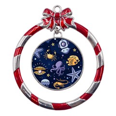 Marine Seamless Pattern Thin Line Memphis Style Metal Red Ribbon Round Ornament