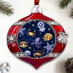 Marine Seamless Pattern Thin Line Memphis Style Metal Snowflake And Bell Red Ornament