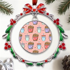 Cute Kawaii Food Seamless Pattern Metal X mas Wreath Ribbon Ornament