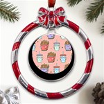 Cute Kawaii Food Seamless Pattern Metal Red Ribbon Round Ornament Front