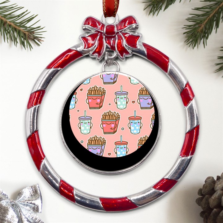 Cute Kawaii Food Seamless Pattern Metal Red Ribbon Round Ornament