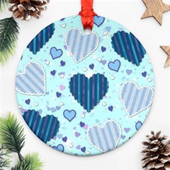 Hearts Pattern Paper Wallpaper Blue Background Round Ornament (two Sides)