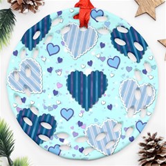 Hearts Pattern Paper Wallpaper Blue Background Round Filigree Ornament (two Sides)