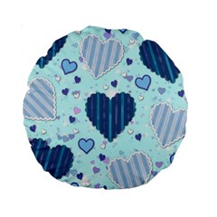 Hearts Pattern Paper Wallpaper Blue Background Standard 15  Premium Round Cushions by Pakjumat