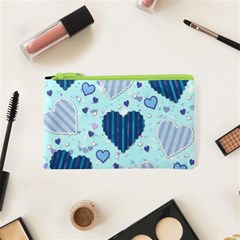 Hearts Pattern Paper Wallpaper Blue Background Cosmetic Bag (xs) by Pakjumat