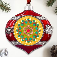 Mandala Patterns Yellow Metal Snowflake And Bell Red Ornament