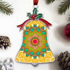 Mandala Patterns Yellow Metal Holly Leaf Bell Ornament