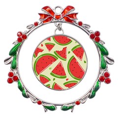 Cute Watermelon Seamless Pattern Metal X mas Wreath Ribbon Ornament by Pakjumat