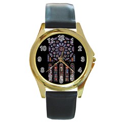 Chartres Cathedral Notre Dame De Paris Stained Glass Round Gold Metal Watch by Maspions