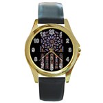 Chartres Cathedral Notre Dame De Paris Stained Glass Round Gold Metal Watch Front