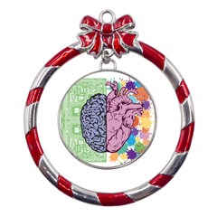 Brain Heart Balance Emotion Metal Red Ribbon Round Ornament by Maspions