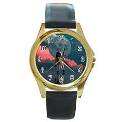 Astronaut Moon Space Nasa Planet Round Gold Metal Watch