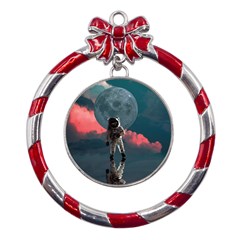 Astronaut Moon Space Nasa Planet Metal Red Ribbon Round Ornament by Maspions