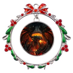 Dragon Fire Fantasy Art Metal X mas Wreath Ribbon Ornament