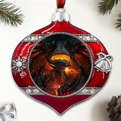 Dragon Fire Fantasy Art Metal Snowflake And Bell Red Ornament