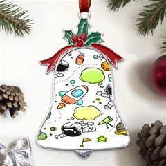 Sketch Cartoon Space Set Metal Holly Leaf Bell Ornament by Hannah976