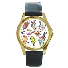 Doodle Cartoon Drawn Cone Food Round Gold Metal Watch by Hannah976