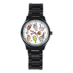 Doodle Cartoon Drawn Cone Food Stainless Steel Round Watch by Hannah976