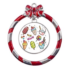 Doodle Cartoon Drawn Cone Food Metal Red Ribbon Round Ornament