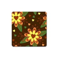 Floral Hearts Brown Green Retro Square Magnet by Hannah976