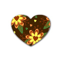 Floral Hearts Brown Green Retro Rubber Coaster (heart) by Hannah976