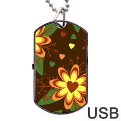 Floral Hearts Brown Green Retro Dog Tag Usb Flash (one Side) by Hannah976